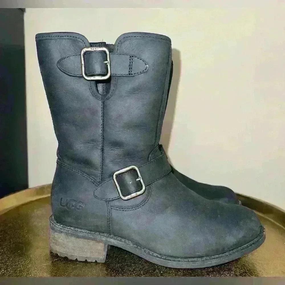 UGG Chaney Oiled Leather Boot in Black with Zipper and Buckle Details